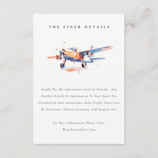 Hochzeitsdetails des schicken blauen Orangenflugze Begleitkarte (Vorderseite)