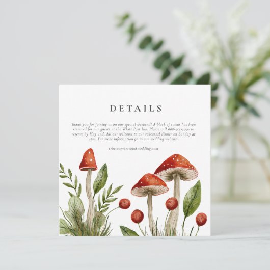Hochzeitsdetails des Wald Watercolor Pilzes Karte (Stehend Vorderseite)
