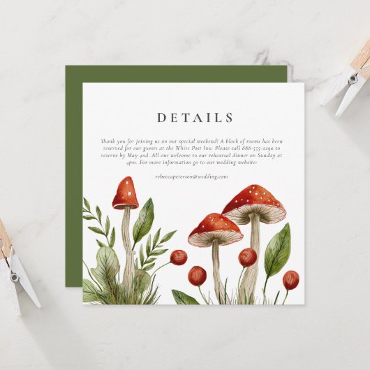 Hochzeitsdetails des Wald Watercolor Pilzes Karte (Vorderseite/Rückseite Beispiel)