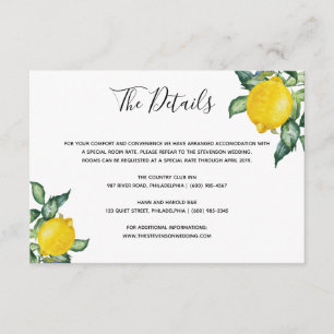 Hochzeitsdetails-Einlegerkarte für Zitronen Begleitkarte