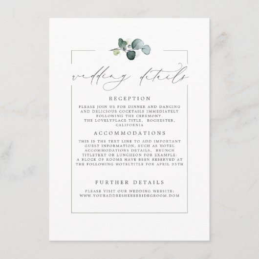 Hochzeitsdetails Eukalyptus Greenery Moderne Karte (Vorderseite)