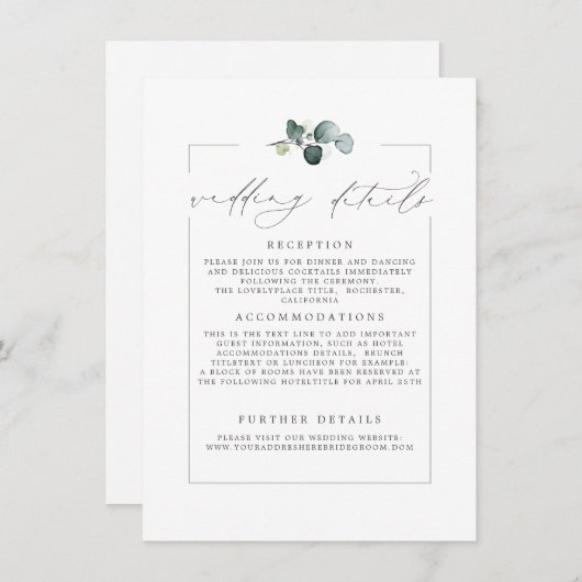 Hochzeitsdetails Eukalyptus Greenery Moderne Karte (Vorne/Hinten)