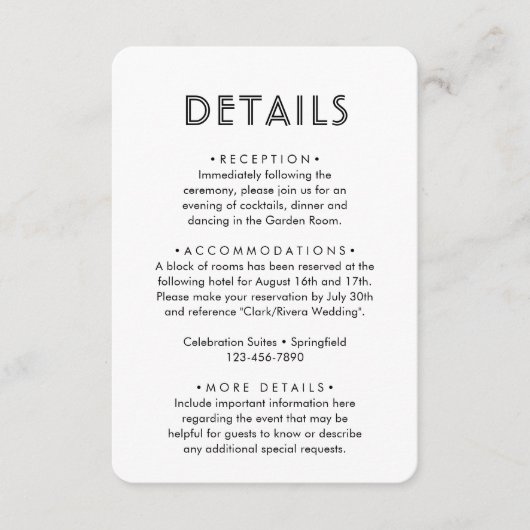 Hochzeitsdetails ・ Foto & stilvolle Deko Typografi Begleitkarte (Vorderseite)