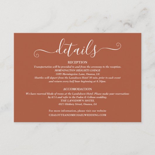 Hochzeitsdetails Frühjahrslichtschrift Terracotta Begleitkarte (Vorderseite)