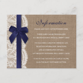 Hochzeitsdetails für Navy Ribbon auf Burlap & Lace Begleitkarte