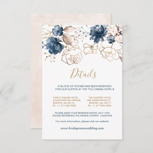 Hochzeitsdetails für Rose in Navy und Gold Begleitkarte (Vorne/Hinten)