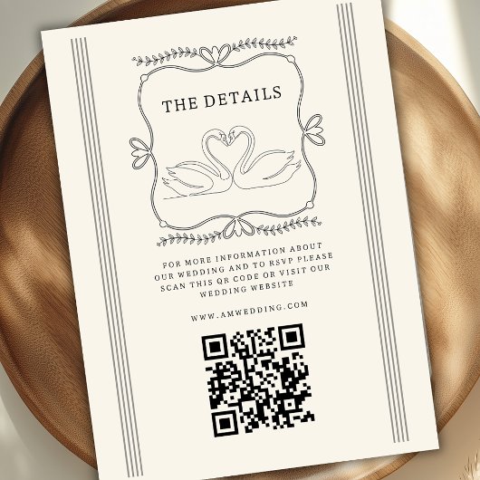 Hochzeitsdetails im Vintage-Schwan- QR-Code Begleitkarte