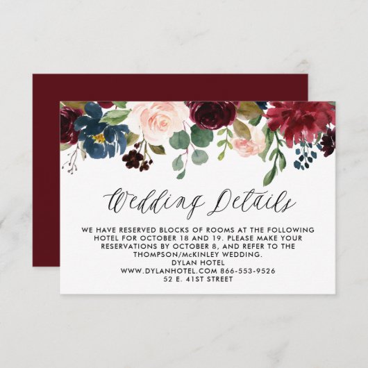 Hochzeitsdetails in Burgund und Blauen Blumengärte RSVP Karte (Vorne/Hinten)