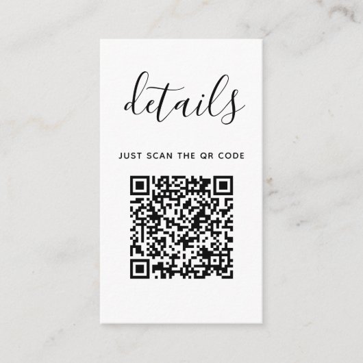 Hochzeitsdetails mit QR-Code | Modern minimalistis Begleitkarte (Vorderseite)