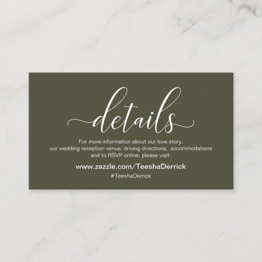 Hochzeitsdetails, Modern Olive Green Thema Begleitkarte (Vorderseite)