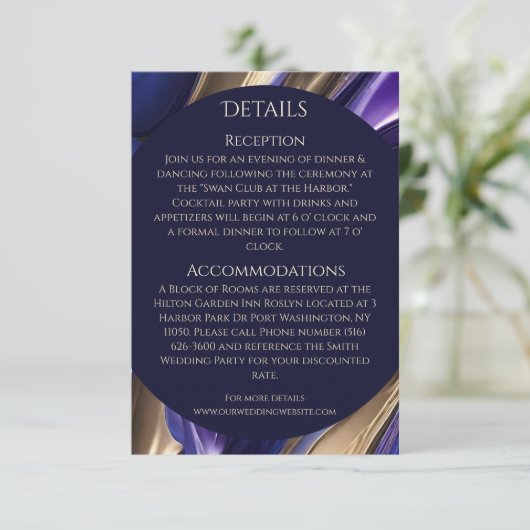 Hochzeitsdetails - Modernes Abstraktes Blau Lila-G Begleitkarte (Stehend Vorderseite)