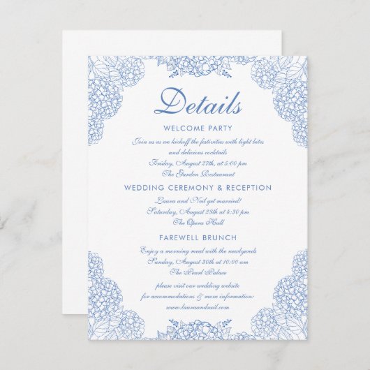 Hochzeitsdetails Modernes Hydrangea Dusty Blue Flo Begleitkarte (Vorne/Hinten)