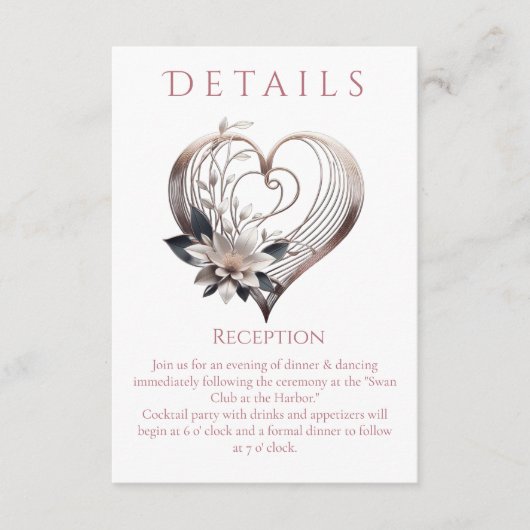 Hochzeitsdetails - Modernes rosa Herz mit Blume Begleitkarte (Vorderseite)