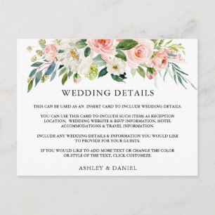 Hochzeitsdetails Rosa Florale Einlegekarte Postkarte