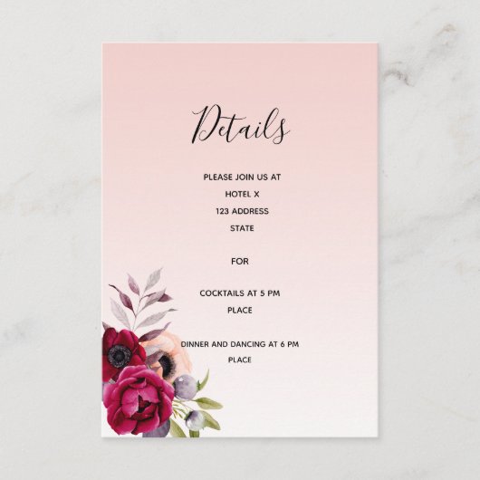 Hochzeitsdetails Rose goldbordeauxfarbener Empfang Begleitkarte (Vorderseite)