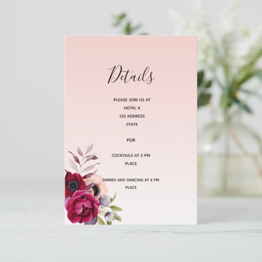 Hochzeitsdetails Rose goldbordeauxfarbener Empfang Begleitkarte (Stehend Vorderseite)