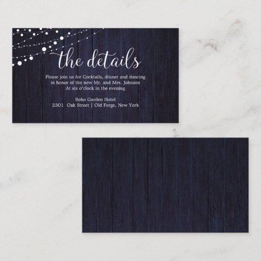 Hochzeitsdetails Rustikales Holz Hochzeit Navy Bla Begleitkarte (Vorne/Hinten)