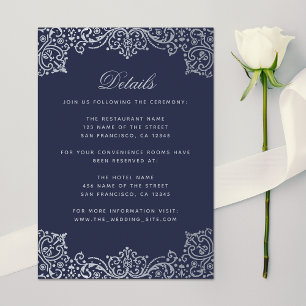 Hochzeitsdetails Vintage Navy Blau Silber Antik Begleitkarte