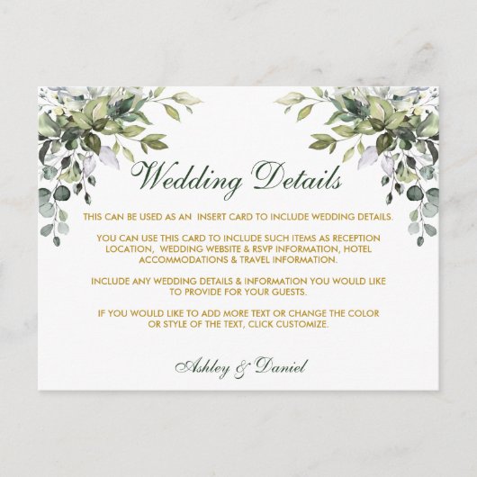 Hochzeitsdetails Wasserfarbengrün Gold-Karte Postkarte (Vorderseite)