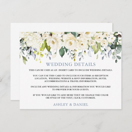 Hochzeitsdetails Weiße blühende blaue Karte (Vorne/Hinten)