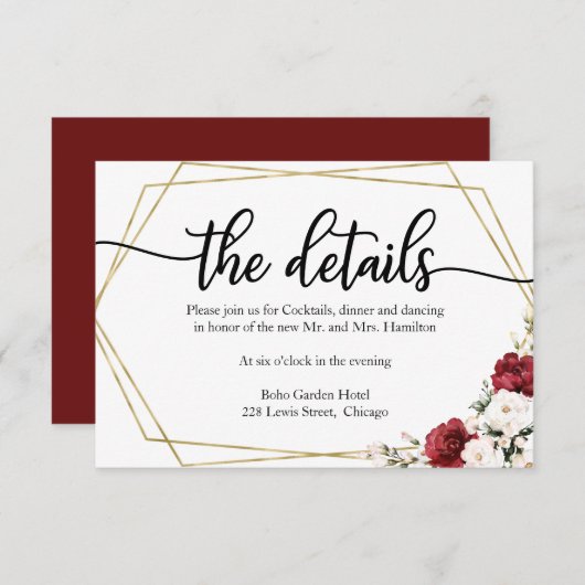 Hochzeitsdetails Weiße Burgund-Blumengeometrie RSVP Karte (Vorne/Hinten)