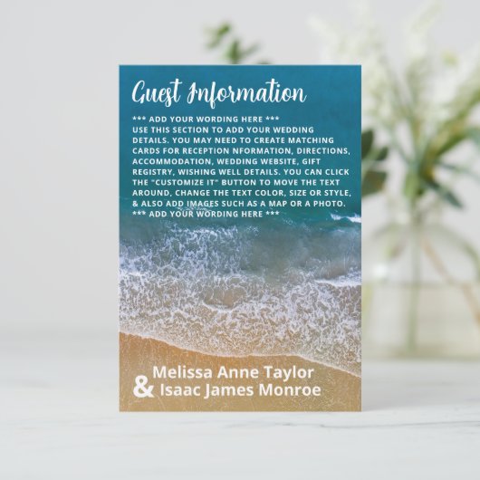 Hochzeitsdetails zum Blue Sea Beach Begleitkarte (Stehend Vorderseite)