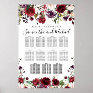Hochzeitsdiagramm aus Burgund Roter Flora mit 11 T Poster