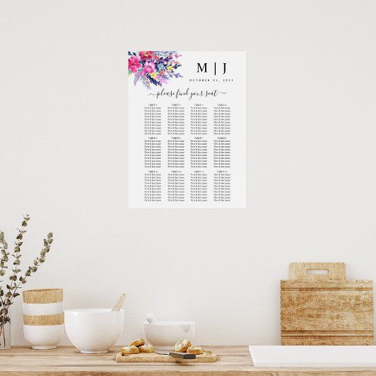 Hochzeitsdiagramm aus heiß rosa Gelbblütenblättern Poster (Küche)