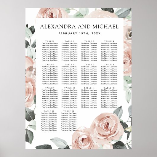 Hochzeitsdiagramm der rosa Farbe Grün floralen Sei Poster (Vorne)