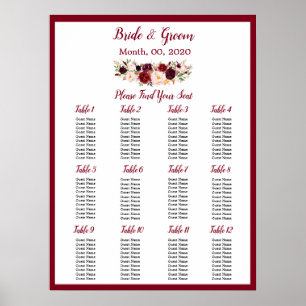 Hochzeitsdiagramm der Rote Rose Watercolor Burgund Poster