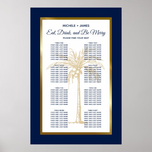 Hochzeitsdiagramm der tropischen Marine Blue Gold Poster (Vorne)