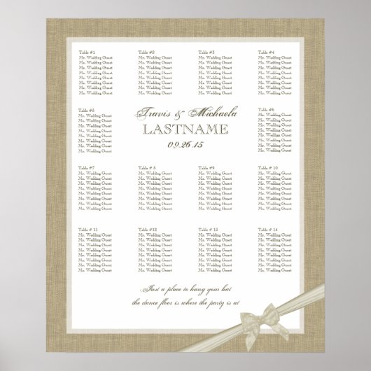 Hochzeitsdiagramm für Burlap und Bow Poster (Vorne)