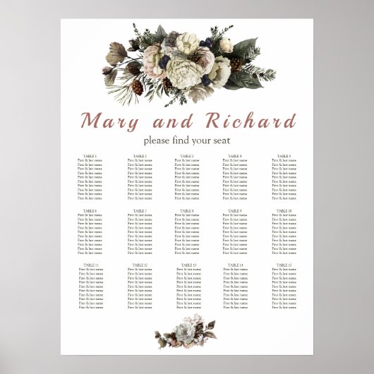 Hochzeitsdiagramm für den Winter Conifer Floral Pe Poster (Vorne)