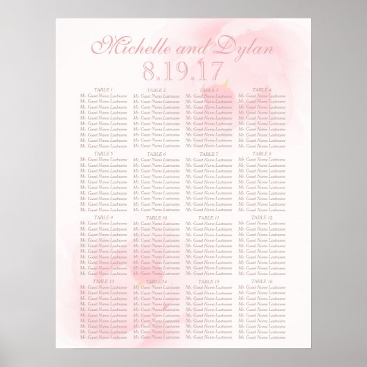 Hochzeitsdiagramm für Hochzeitssitze mit hellrosa  Poster (Vorne)