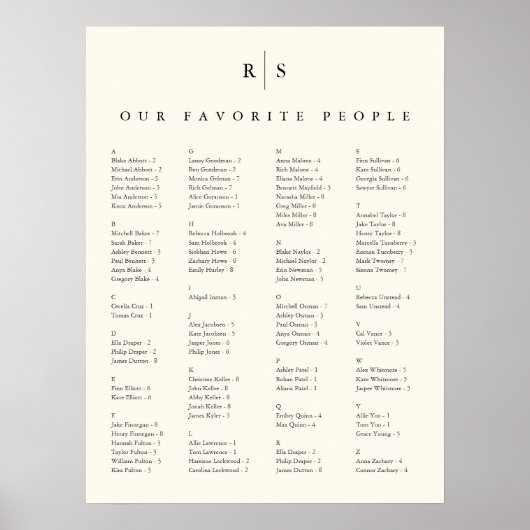 Hochzeitsdiagramm für Schwarz & Ecru Monogram Poster (Vorne)