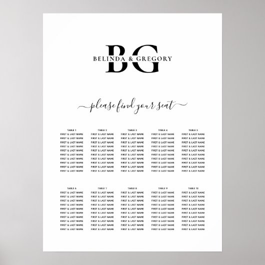 Hochzeitsdiagramm für Schwarz und Weiß Poster (Vorne)