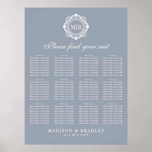 Hochzeitsdiagramm für verzierte florale Monogramme Poster (Vorne)