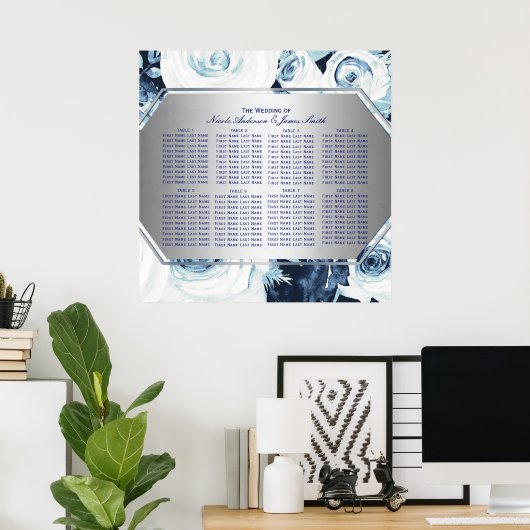 Hochzeitsdiagramm mit blauem weißem Blumenmuster Poster (Heimbüro)