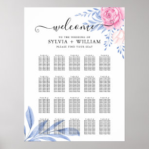 Hochzeitsdiagramm mit dunkelblauer Rosa Rosa Poster