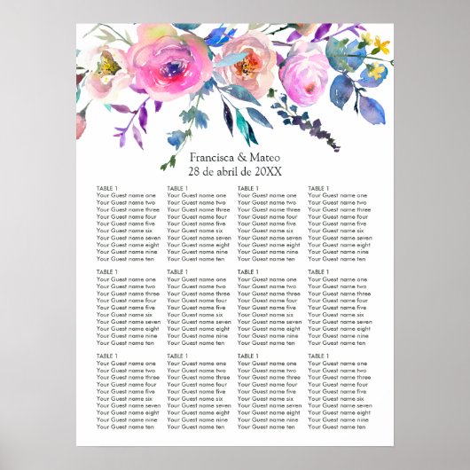 Hochzeitsdiagramm mit leuchtend rosa Aquarellfarbe Poster (Vorne)