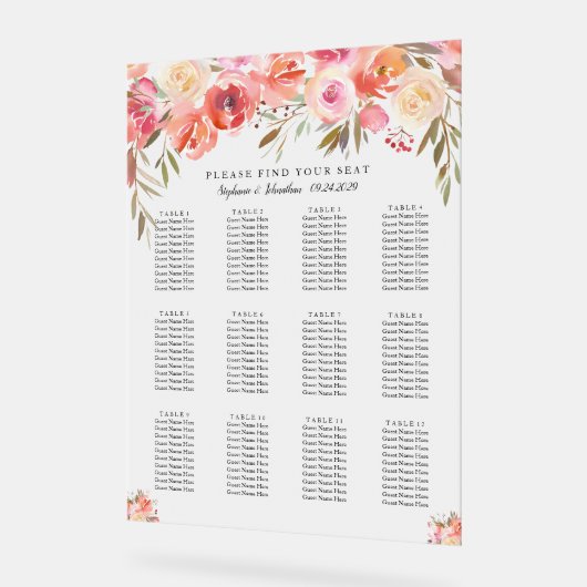 Hochzeitsdiagramm mit rosafarbenem Blumenwasser Acrylschild (Winkel)