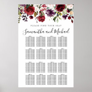Hochzeitsdiagramm von Burgund Roter Flora mit 16 T Poster