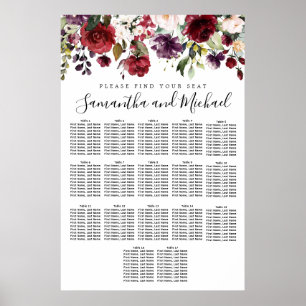Hochzeitsdiagramm von Burgund Roter Flora mit 17 T Poster