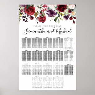 Hochzeitsdiagramm von Burgund Roter Flora mit 18 T Poster