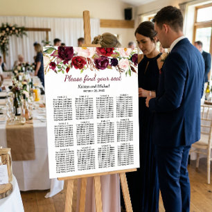 Hochzeitsdiagramm von Burgundy Marsala Red Floral Poster