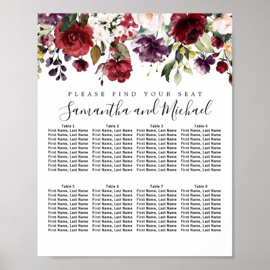 Hochzeitsdiagramm von Burgundy Red Floral mit 8 Ti Poster (Vorne)