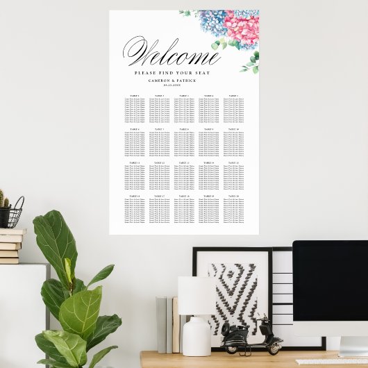 Hochzeitsdiagramm zwischen Rosa und Blau-Hydrangea Poster (Heimbüro)