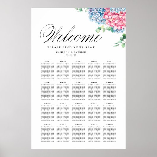 Hochzeitsdiagramm zwischen Rosa und Blau-Hydrangea Poster (Vorne)