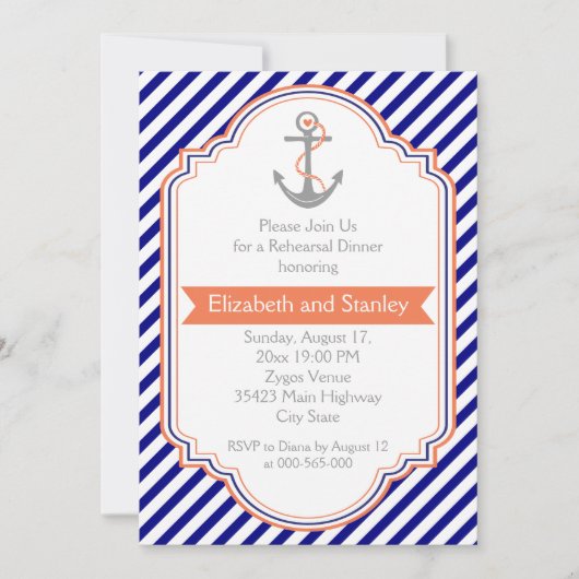 Hochzeitsdinner in Marineblau, Korallenwasser, Pro Einladung (Vorderseite)