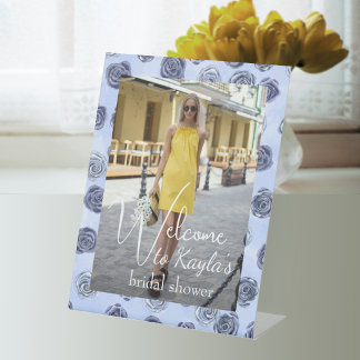 Hochzeitsdusche Foto Willkommen mit hellblauen Ros Sockelschild